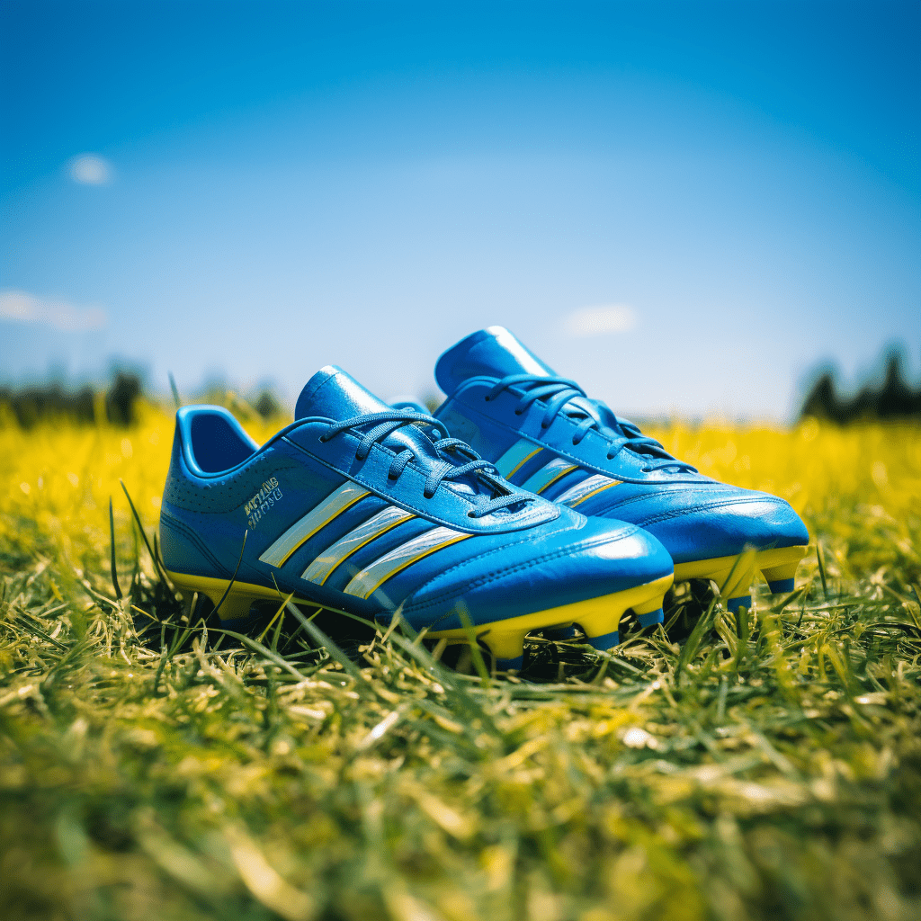 Blue football boots on grass